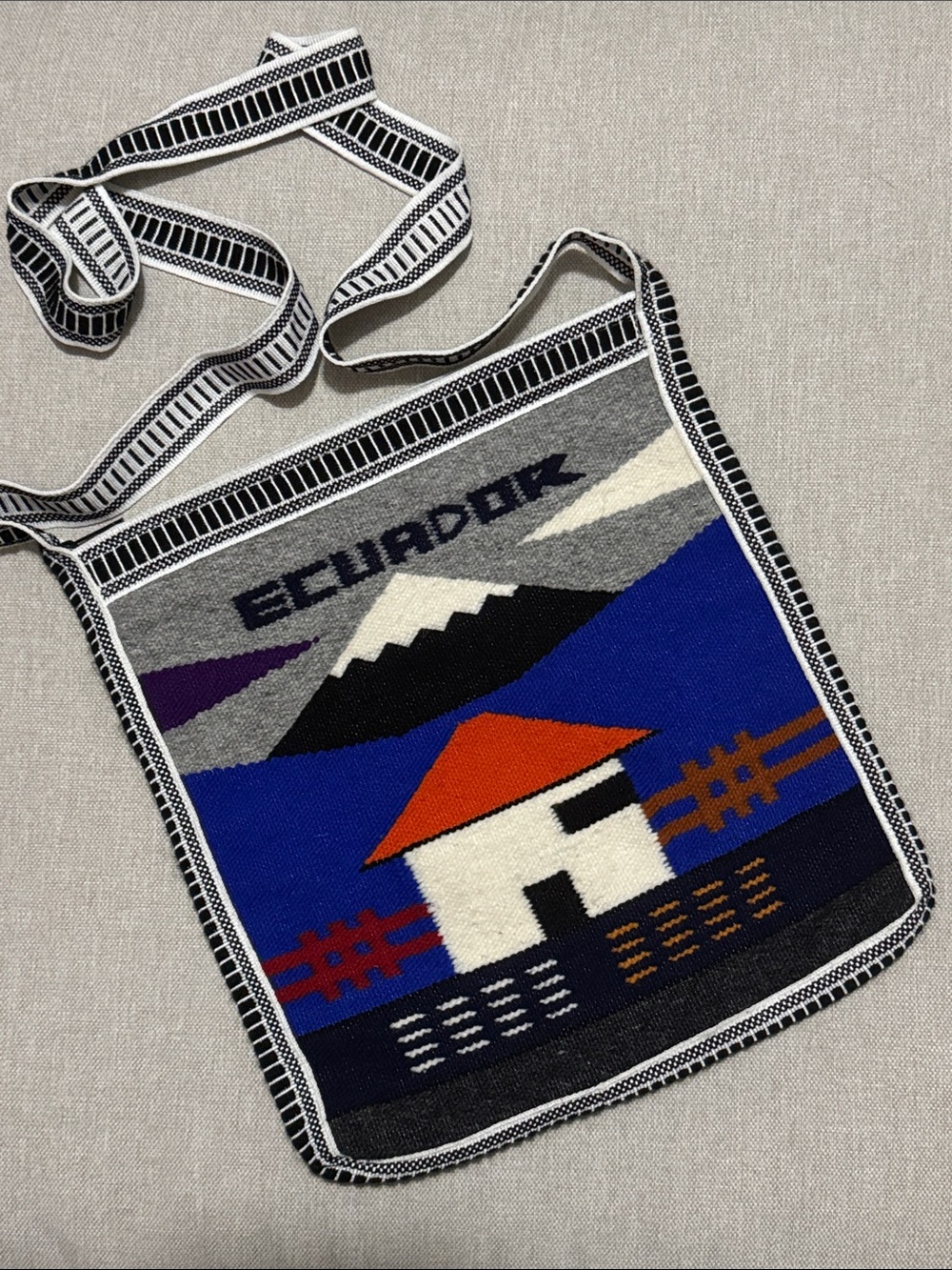 Nearly New Wool Crossbody Bag-Ecuador Themed-Native Details-Black/White/Blue